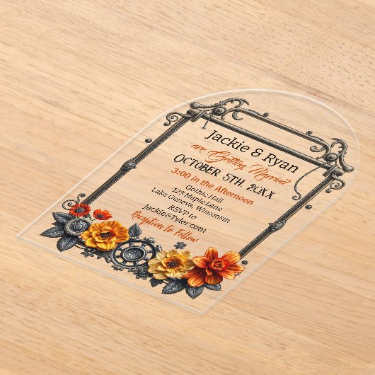 Steampunk Gears and Flowers thema bruiloft Acryl Uitnodigingen (Laagn)