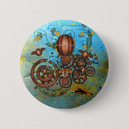 Steampunk Gears Collage Aqua Copper Button (Voorkant)