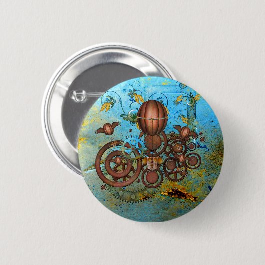 Steampunk Gears Collage Aqua Copper Button (Voorkant /achterkant)
