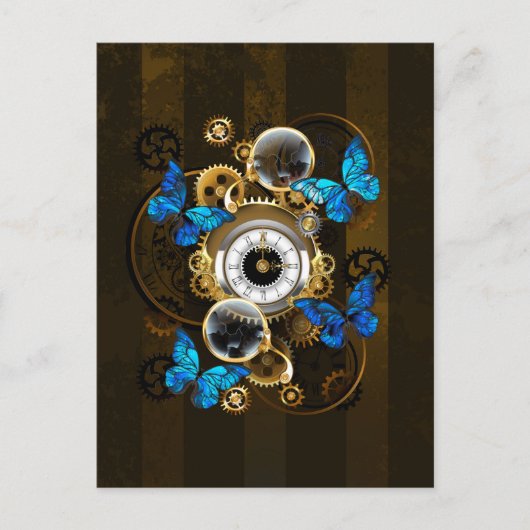 Steampunk Gears en Blue Butterflies Aankondigingskaart (Voorkant)