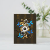 Steampunk Gears en Blue Butterflies Aankondigingskaart (Staand voorkant)