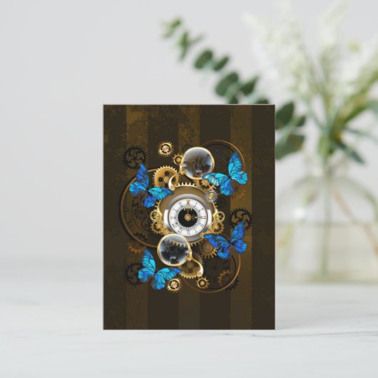 Steampunk Gears en Blue Butterflies Advieskaart (Staand voorkant)