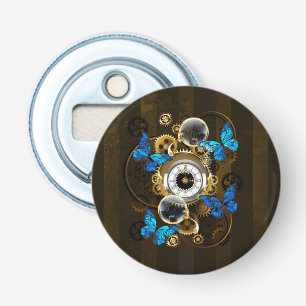 Steampunk Gears en Blue Butterflies Button Flesopener