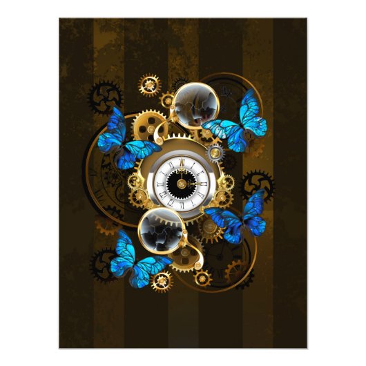 Steampunk Gears en Blue Butterflies Foto Afdruk (Voorkant)