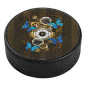 Steampunk Gears en Blue Butterflies Hockey Puck (3/4)