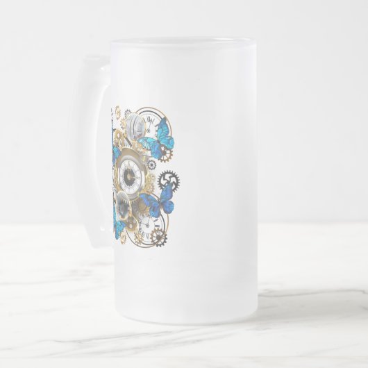 Steampunk Gears en Blue Butterflies Matglas Bierpul (Voorkant links)