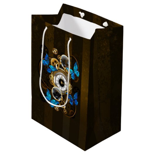 Steampunk Gears en Blue Butterflies Medium Cadeauzakje (Voorkant Gekanteld)