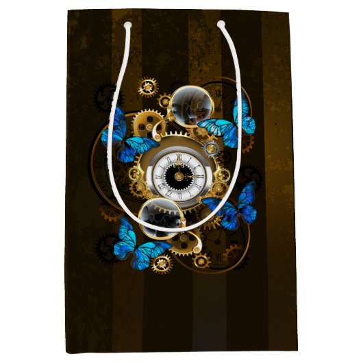 Steampunk Gears en Blue Butterflies Medium Cadeauzakje (Voorkant)