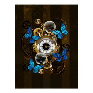 Steampunk Gears en Blue Butterflies Perfect Poster