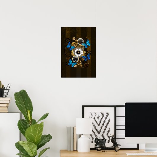 Steampunk Gears en Blue Butterflies Poster (Thuiskantoor)