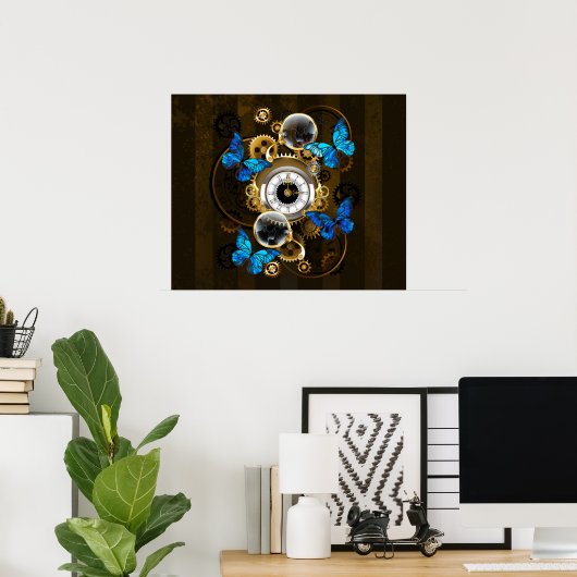 Steampunk Gears en Blue Butterflies Poster (Thuiskantoor)