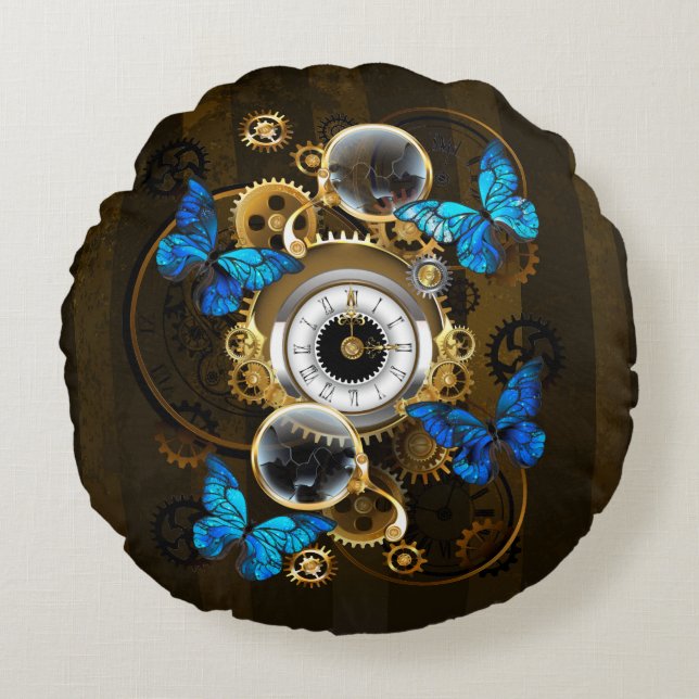 Steampunk Gears en Blue Butterflies Rond Kussen (Voorkant)