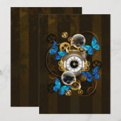 Steampunk Gears en Blue Butterflies Save The Date (Voorkant / Achterkant)