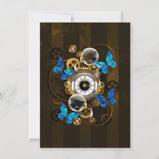 Steampunk Gears en Blue Butterflies Save The Date (Voorkant)