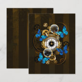 Steampunk Gears en Blue Butterflies Save The Date (Voorkant / Achterkant)