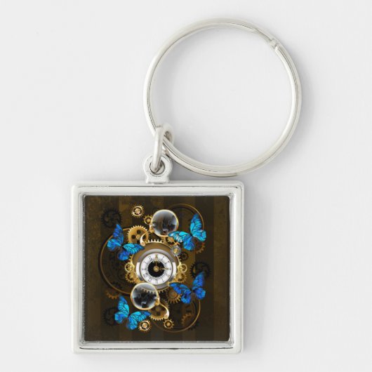 Steampunk Gears en Blue Butterflies Sleutelhanger (Voorkant)