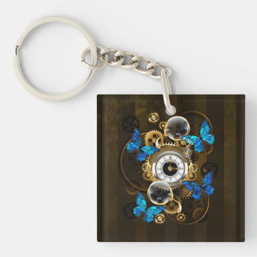 Steampunk Gears en Blue Butterflies Sleutelhanger (voorkant)