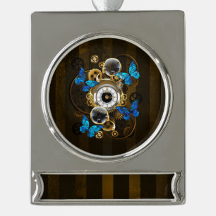 Steampunk Gears en Blue Butterflies Verzilverd Banner Ornament