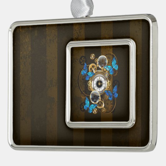 Steampunk Gears en Blue Butterflies Verzilverd Kader Ornament (Links)