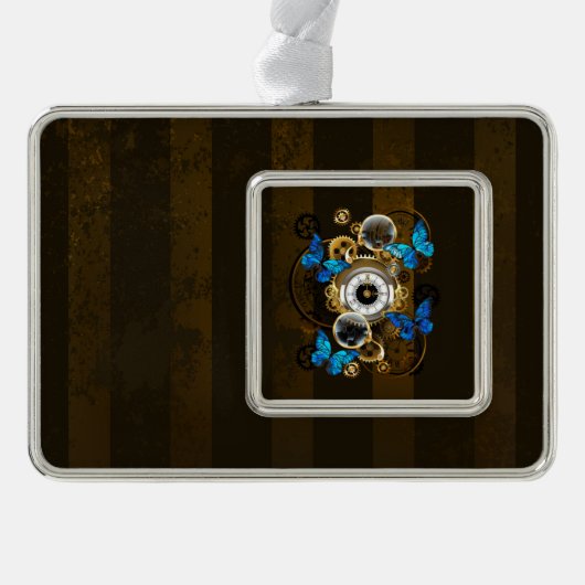 Steampunk Gears en Blue Butterflies Verzilverd Kader Ornament (Voorkant)