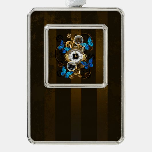 Steampunk Gears en Blue Butterflies Verzilverd Kader Ornament (Voorkant)