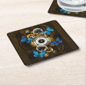 Steampunk Gears en Blue Butterflies Vierkante Kartonnen Onderzetter (Schuin)