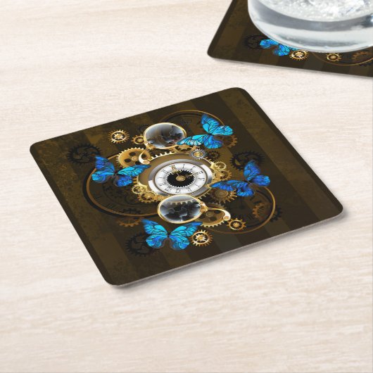 Steampunk Gears en Blue Butterflies Vierkante Kartonnen Onderzetter (Schuin)