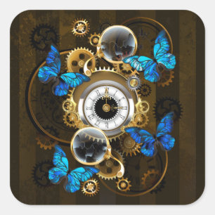 Steampunk Gears en Blue Butterflies Vierkante Sticker