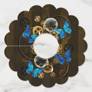 Steampunk Gears en Blue Butterflies Wijnglaslabel