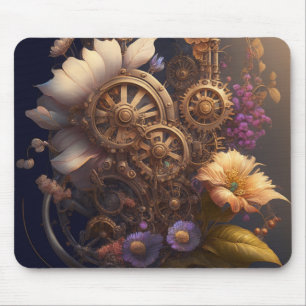 Steampunk Gears en Paarse en witte bloemen Muismat