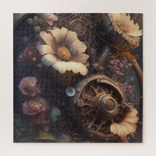 Steampunk Gears en Witte Bloemen Legpuzzel (Verticaal)