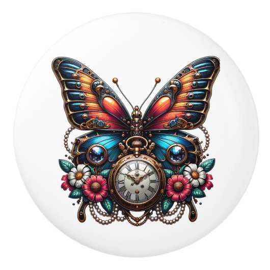 Steampunk Gears, Flowers and Butterfly  Keramische Knop (Voorkant)