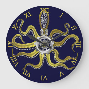 Steampunk Gears Octopus Kraken Nautical Gold Blue Grote Klok