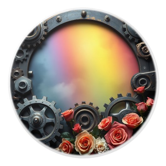 Steampunk Gears,Roses and Rainbow Keramische Knop (Voorkant)