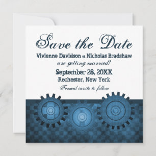 Steampunk Gears Save the Date Invite, Blue Kaart