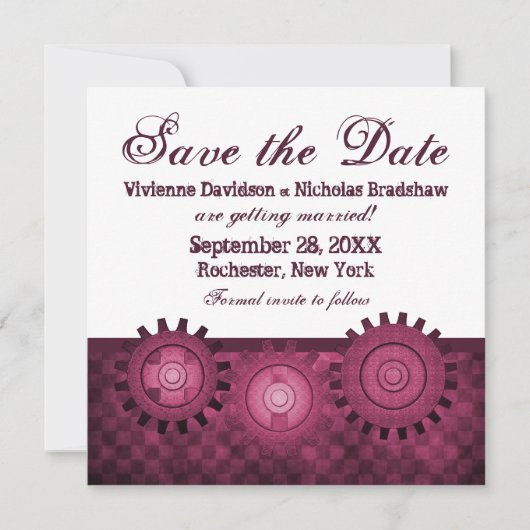 Steampunk Gears Save the Date Invite, Fuchsia Kaart (Voorkant)