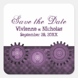 Steampunk Gears Save the Date Stickers, Paars Vierkante Sticker