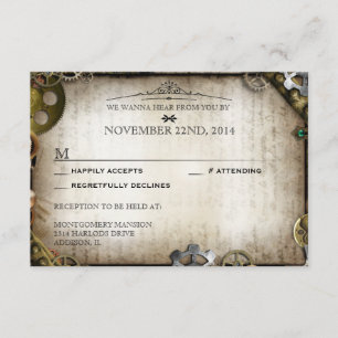 Steampunk Gears Victoriaans bruiloft RSVP Reactie Kaartje