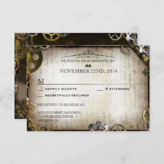 Steampunk Gears Victorian Wedding Réponse RSVP (Devant / Derrière)