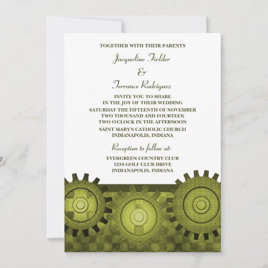 Steampunk Gears Wedding Invite, Green Kaart (Voorkant)