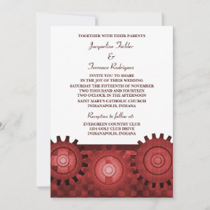 Steampunk Gears Wedding Invite, Red Kaart