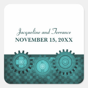 Steampunk Gears Wedding Stickers, Blauwgroen Vierkante Sticker