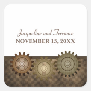 Steampunk Gears Wedding Stickers, bruin Vierkante Sticker