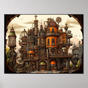 Steampunk gebouw poster