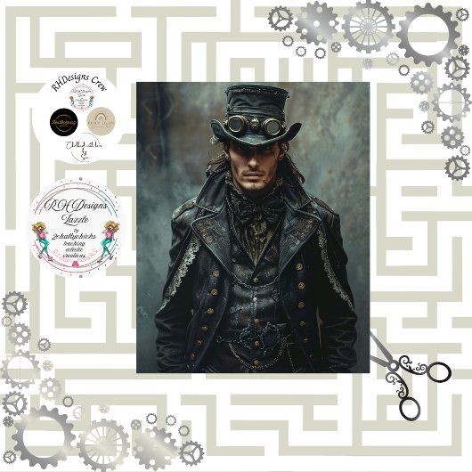 Steampunk Gentleman in Black Decoupage Tissuepapier