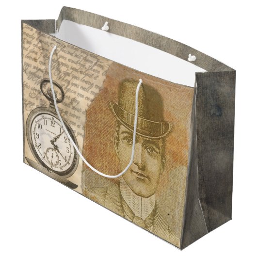 Steampunk Gentleman Pocket Watch Bowler Gift Bag Groot Cadeauzakje (Achterkant Gekanteld)