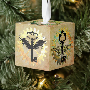 Steampunk gevleugelde sleutel & tandwiel Design Kubus Ornament