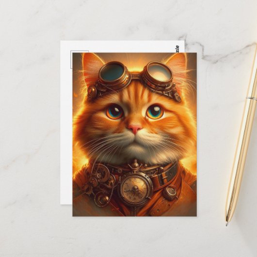 Steampunk Ginger Cat Briefkaart (Voorkant / Achterkant in situ)