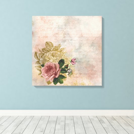 Steampunk Glam | Roze en Goud Roos Rustieke Bloeme Canvas Afdruk (Insitu (Houten vloer))