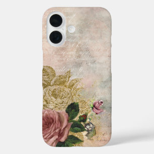 Steampunk Glam Roze en Goud Roos Rustieke Bloeme iPhone 16 Hoesje